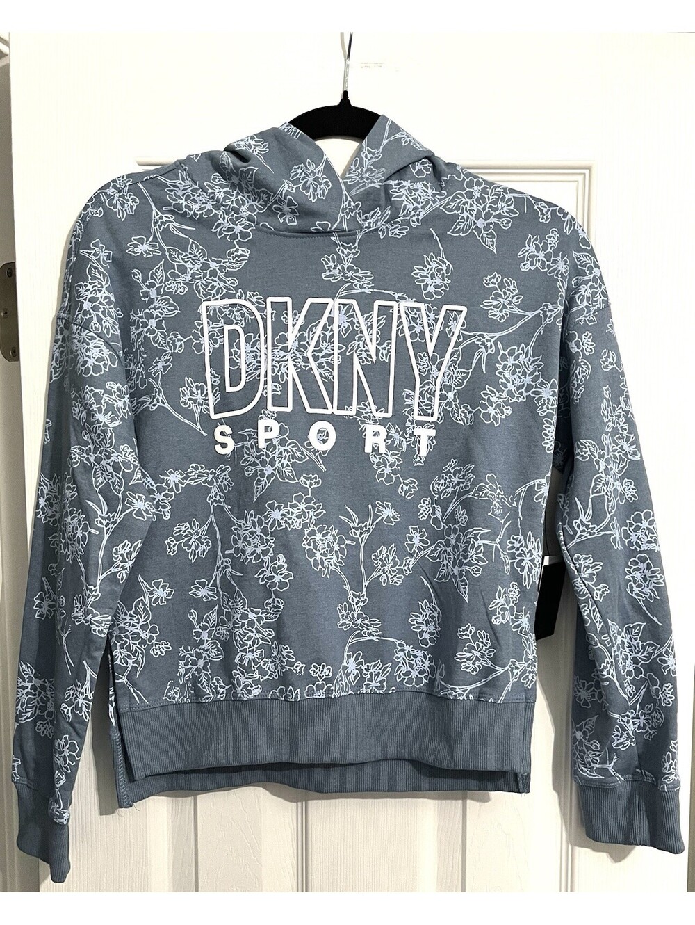DKNY Sport Girls Hoodie Sweatshirt Youth Size Large 12 Floral Logo Blue NWT